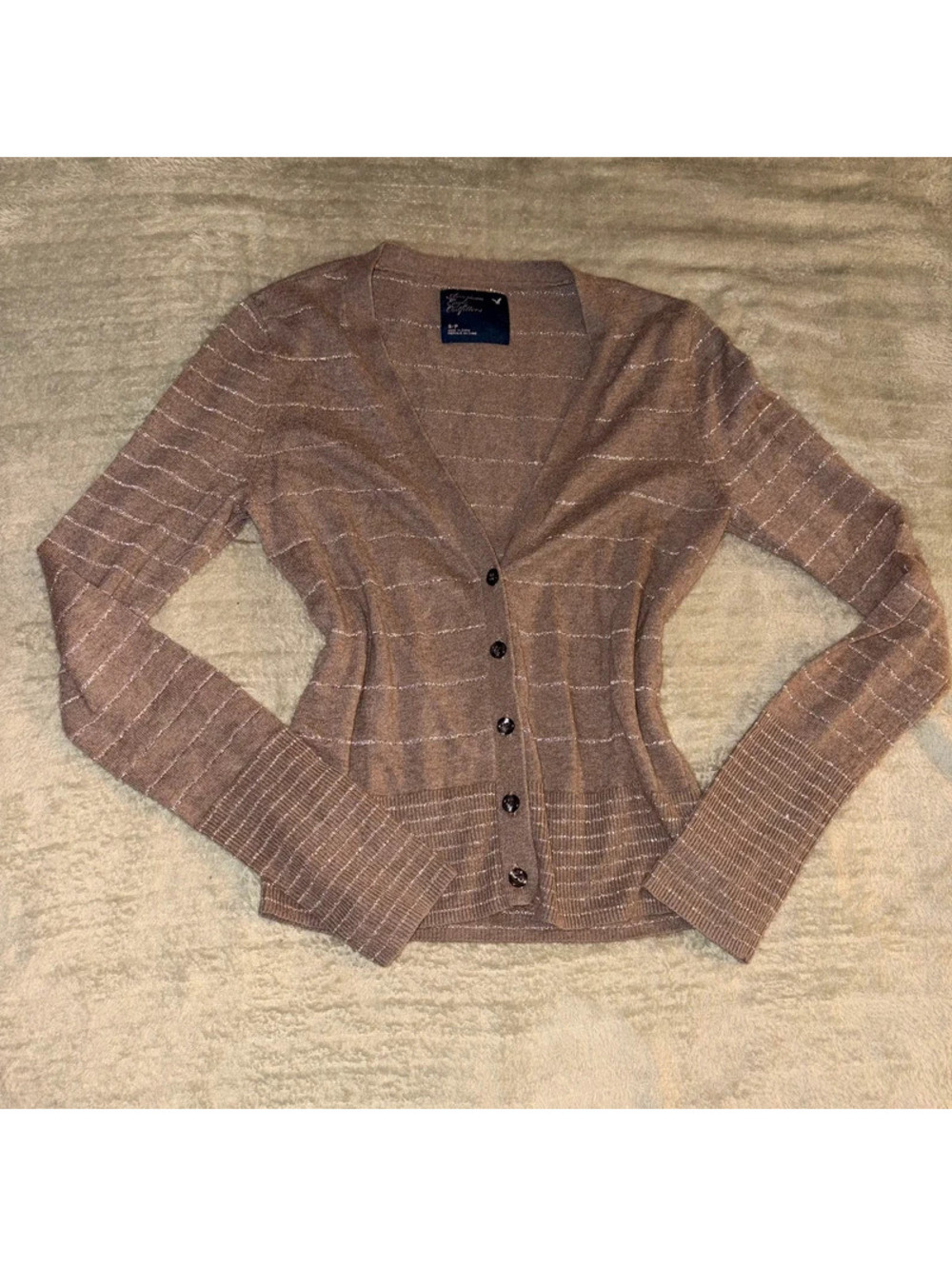 American Eagle Vintage Y2K Fitted Brown and Gray Striped Cardigan